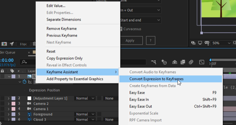 After Effects: convertir expresiones en fotogramas clave
